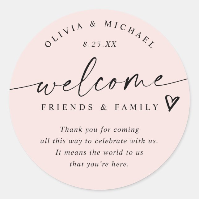 Modern Blush Pink Wedding Welcome Hotel Bag Classic Round Sticker (Front)