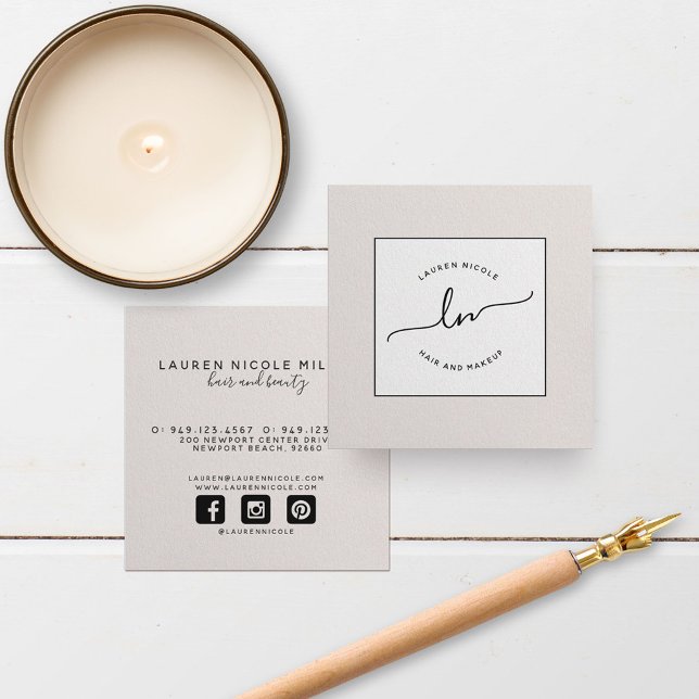 Modern Blush Pink White and Black Script Initials Square Business Card (Creator Uploaded)