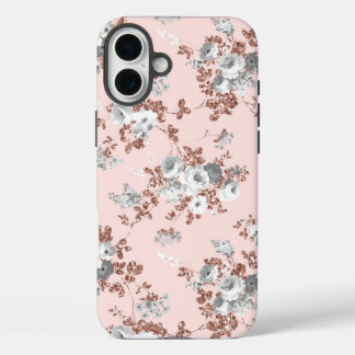 Modern blush pink white rose gold glitter floral iPhone 16 plus case