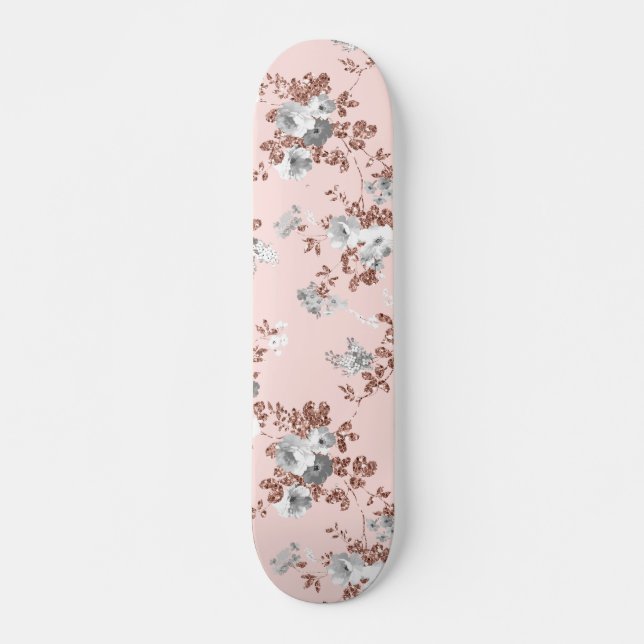 Modern blush pink white rose gold glitter floral skateboard (Front)