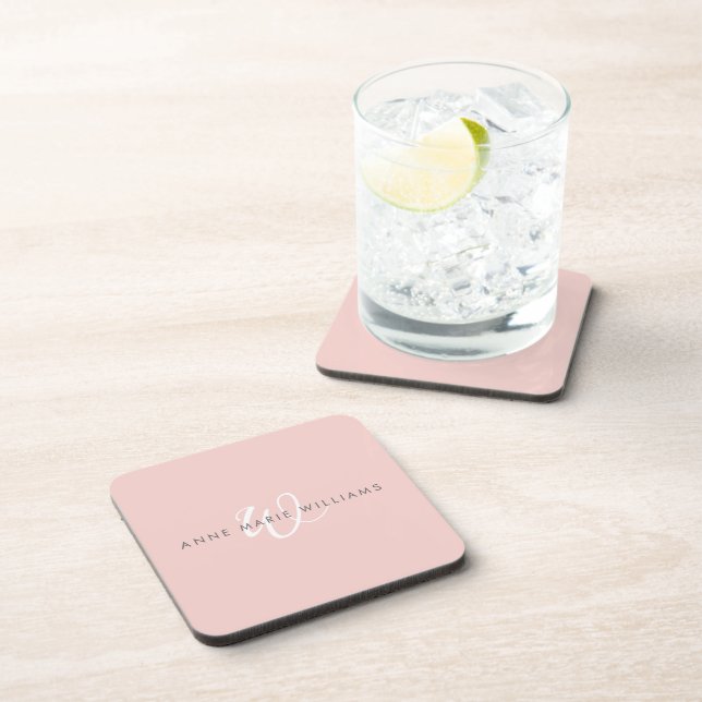 Modern Blush Pink White Script Monogram Coaster (Right Side)