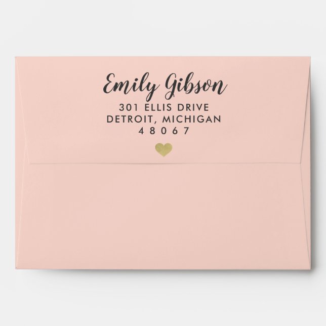Modern Blush Pink with Gold Heart Black Stripes Envelope (Back (Top Flap))