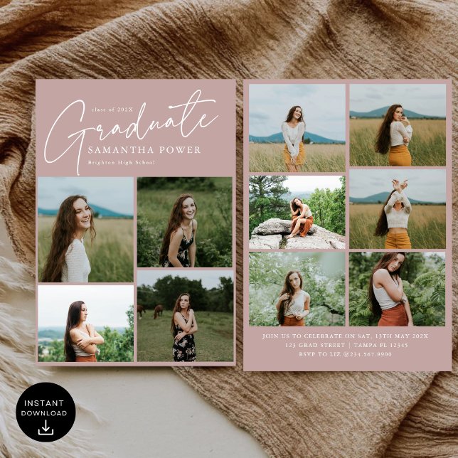 Modern Blush Rose 10 Photos Graduation Party Invitation (Creator Uploaded)