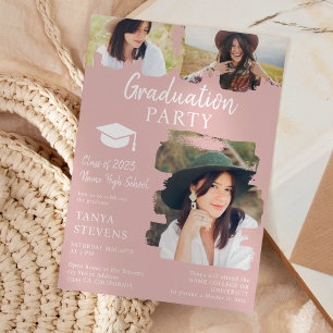 Modern blush rose Brushstroke 3 photos graduation Invitation