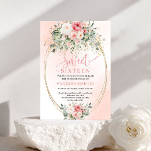 Modern Blush Rose Gold Floral Sweet Sixteen Card