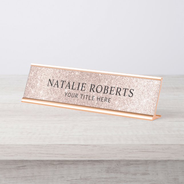 Modern Blush Rose Gold Glitter Professional  Desk Name Plate (Front)