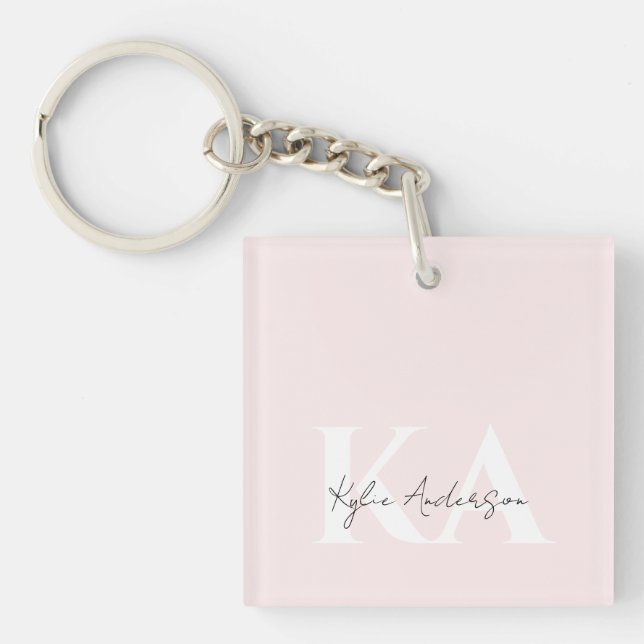 Modern Blush Rose Personalized Monogram Name -  Keychain (Front)