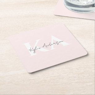 Modern Blush Rose Personalized Monogram Name - Square Paper Coaster