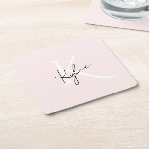 Modern Blush Rose Personalized Monogram Name - Square Paper Coaster