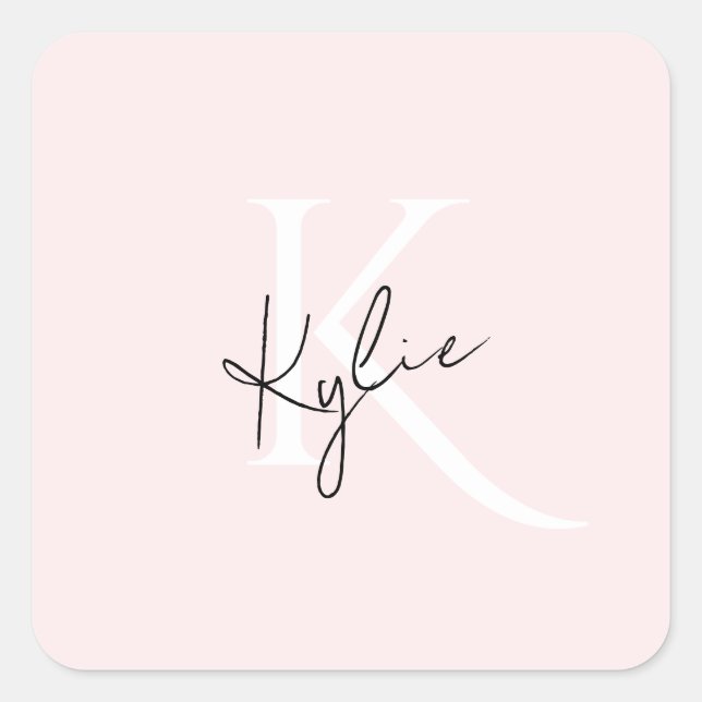 Modern Blush Rose Personalized Monogram Name -  Square Sticker (Front)
