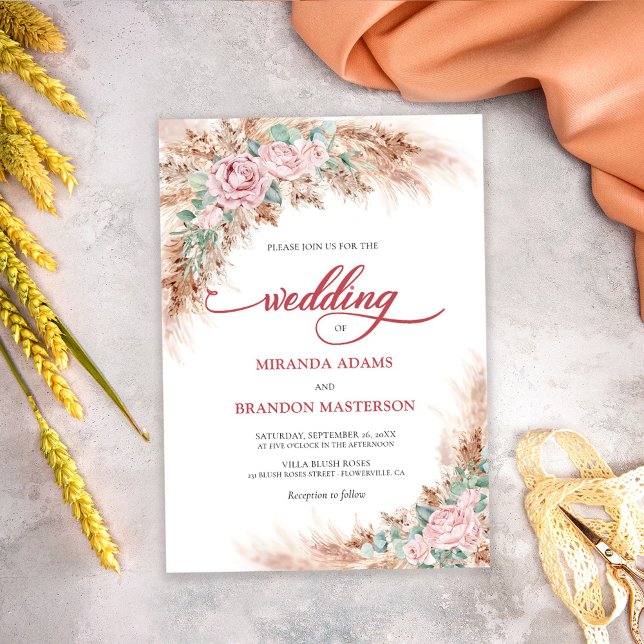 Modern Blush Roses Pampas Grass Floral Wedding Invitation (Creator Uploaded)