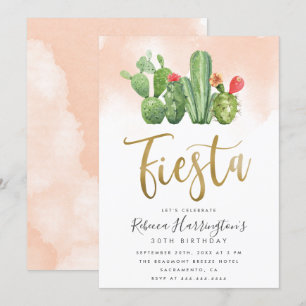 Modern Blush Watercolor & Cactus Fiesta Birthday Invitation