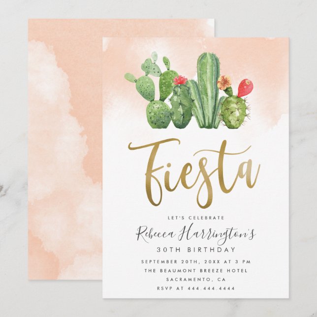 Modern Blush Watercolor & Cactus Fiesta Birthday Invitation (Front/Back)