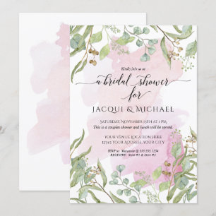 Modern Blush Watercolor Eucalyptus Greenery Bridal Invitation