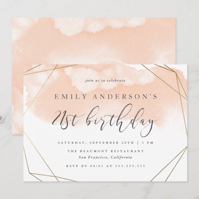 Modern Blush Watercolor Geometric 21st Birthday Invitation (Front/Back)