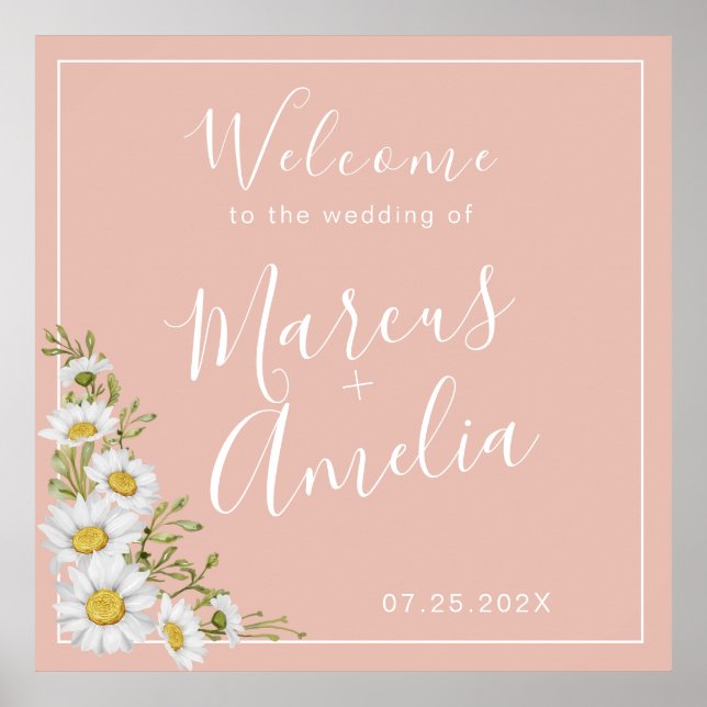 Modern Blush & White Daisies Wedding Welcome  Poster (Front)
