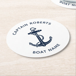 Modern Boat Anchor Captain Name Nautical Custom Round Paper Coaster