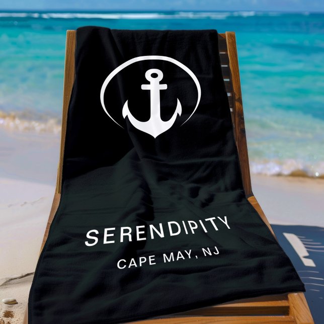 Modern Boat Anchor Monogram Black Beach Towel (Creator Uploaded)