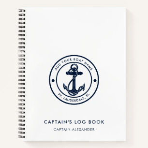 Modern Boat Name Navy Blue Anchor Captains Log Notebook
