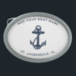 Modern Boat Name Navy Blue Anchor Custom Belt Buckle<br><div class="desc">Add your boat or captain's name and location by clicking the "Personalize" button. Set sail in style with our custom nautical-themed boating swag, the ultimate companion for your maritime adventures. This belt buckle boasts a cute design inspired by the ocean's wonders, featuring classic maritime motifs such as an anchor and...</div>
