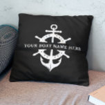 Modern Boat Name Ship’s Wheel Anchor Nautical  Throw Pillow<br><div class="desc">Nautical boating throw pillow reading your custom boat name surrounded by a ship's well and anchor on black.</div>
