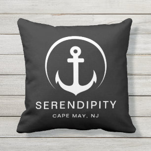 Modern Boat Nautical Anchor Black Outdoor Pillow