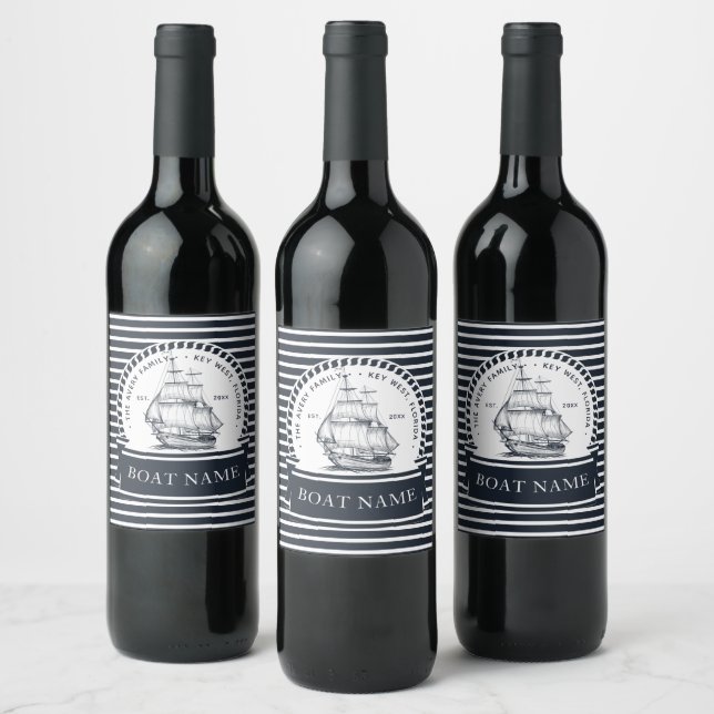 Modern Boat Nautical Blue Wine Label (Bottles)
