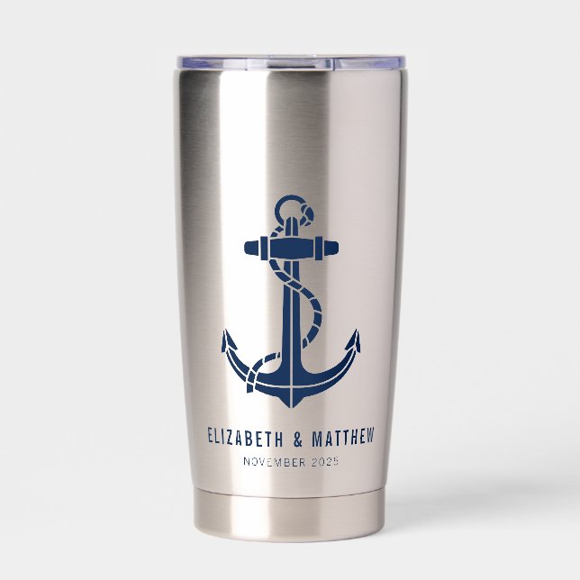 Modern Boat Navy Blue Anchor Beach Wedding Custom Insulated Tumbler (Front)