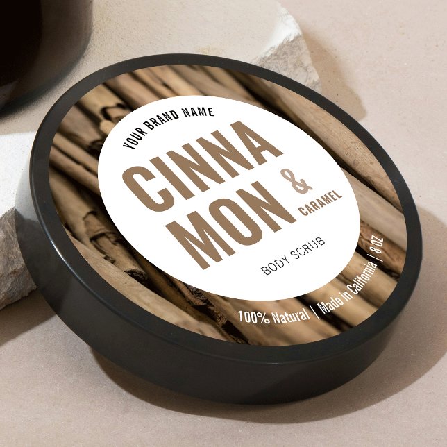 Modern Body Lotion Sugar Scrub Label With Photo (Round product label with bold type in neutral colors with custom photo background)