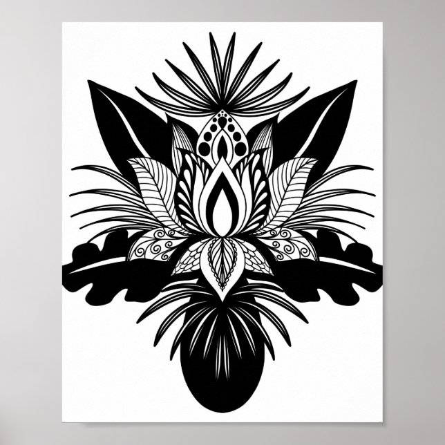 Modern Bohemian Black White Tropical Lotus Leaf Poster (Front)