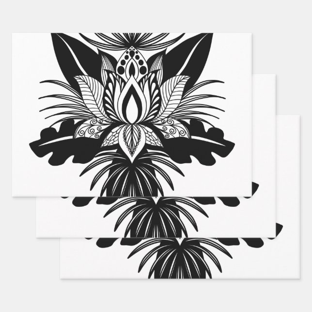 Modern Bohemian Black White Tropical Lotus Leaf Wrapping Paper Sheet (Set)