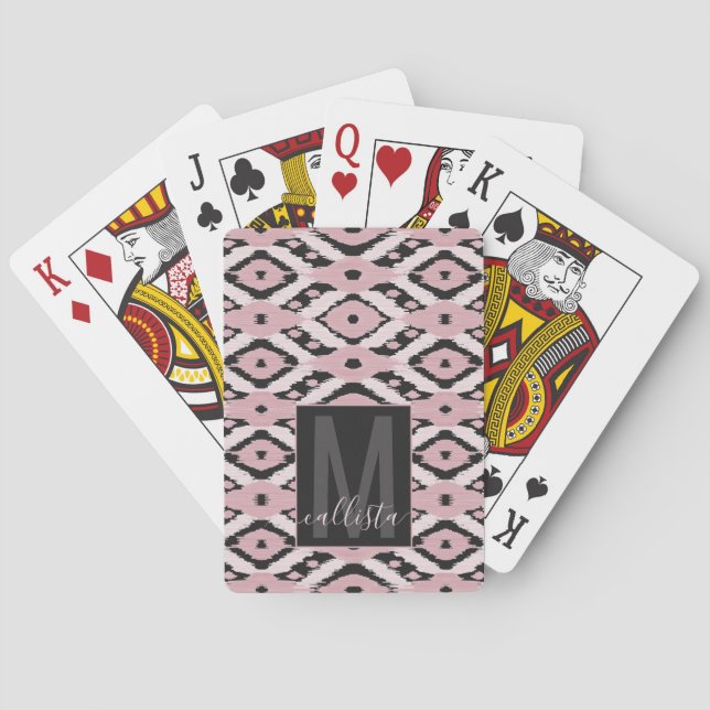 Modern Bohemian Blush Pink Black Ikat Monogram Playing Cards (Back)