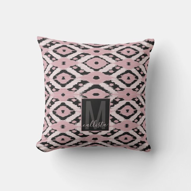 Modern Bohemian Blush Pink Black Ikat Monogram Throw Pillow (Front)