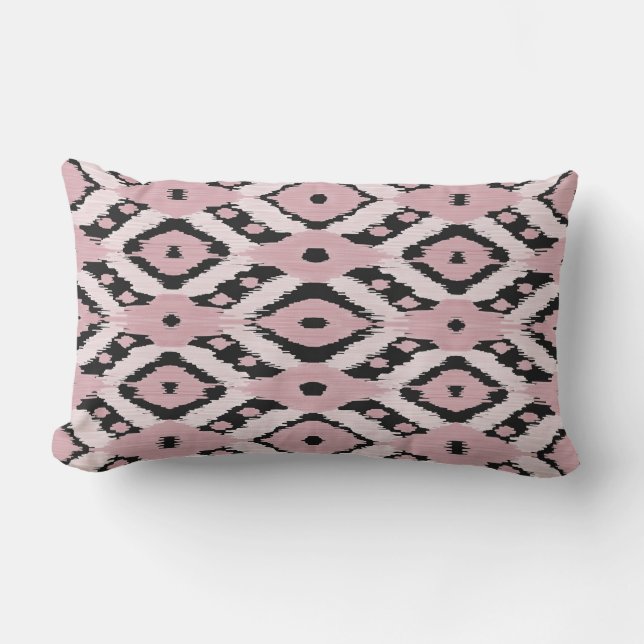 Modern Bohemian Blush Pink Black Ikat Pattern Lumbar Pillow (Front)