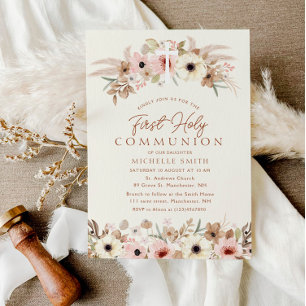 modern bohemian floral first holy communion invitation
