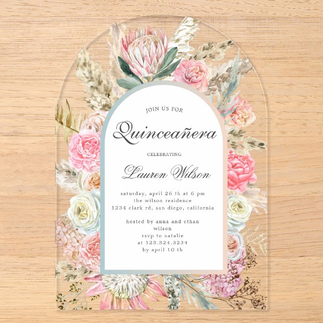 modern bohemian floral quinceanera photo card acrylic invitations (Front)