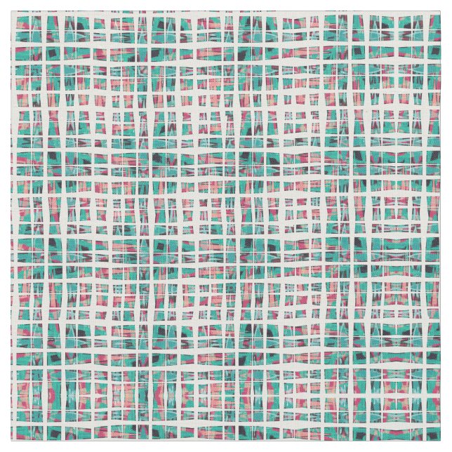 Modern Bohemian Hipster Teal Coral Black Plaid Fabric (Close Up)
