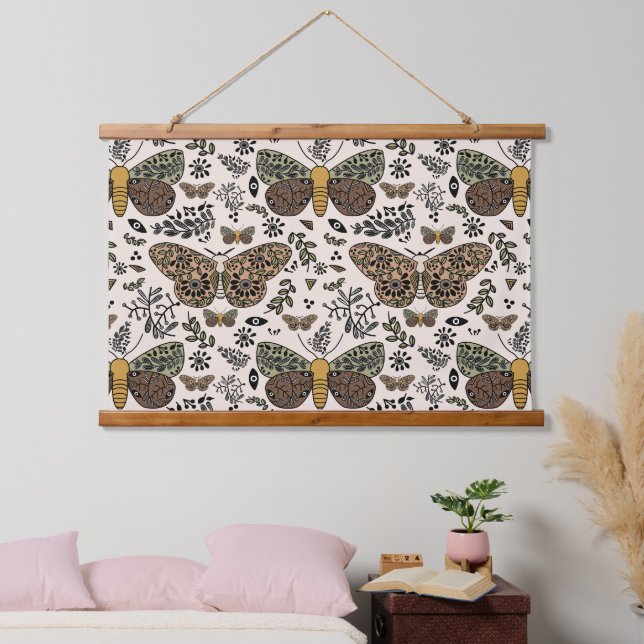 Modern Bohemian Moth Wildflowers Abstract Pattern Hanging Tapestry (Bedroom)