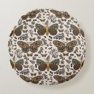 Modern Bohemian Moth Wildflowers Abstract Pattern Round Pillow