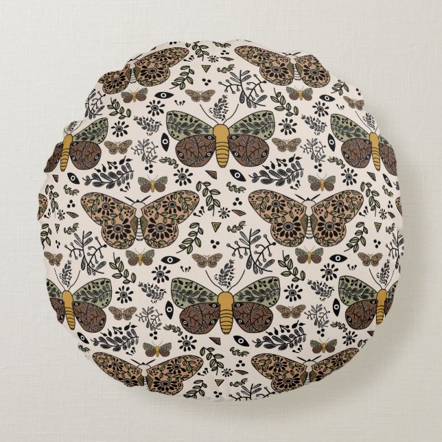 Modern Bohemian Moth Wildflowers Abstract Pattern Round Pillow (Front)