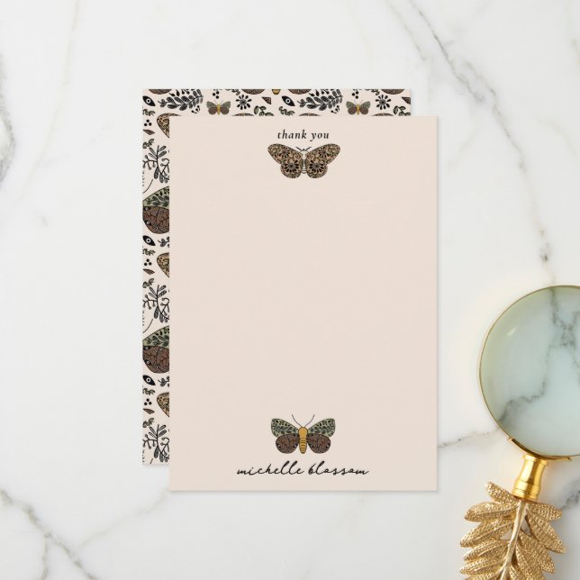Modern Bohemian Moth Wildflowers Abstract Pattern Thank You Card (Front/Back In Situ)