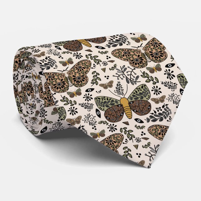 Modern Bohemian Moth Wildflowers Abstract Pattern Tie (Rolled)