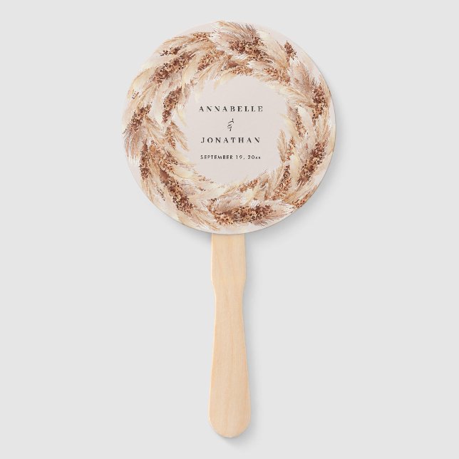Modern bohemian natural pampas grass wedding hand fan (Front)