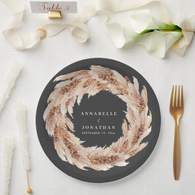 Modern bohemian natural pampas grass wedding  paper plate (Wedding)