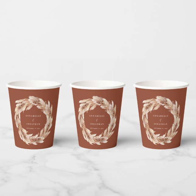 Modern bohemian natural pampas grass wedding party paper cups (Multi)