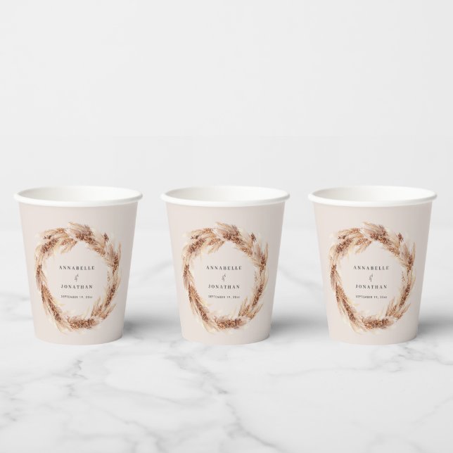 Modern bohemian natural pampas grass wedding party paper cups (Multi)