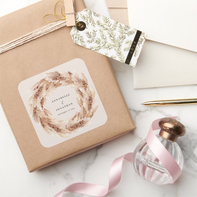 Modern bohemian natural pampas grass wedding square sticker (Gifting)