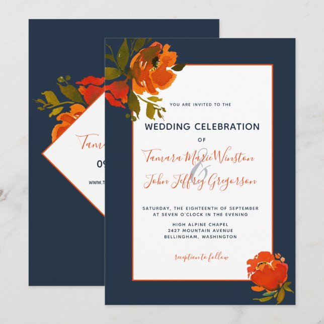 Modern Bohemian Orange Navy Floral Wedding/Event Invitation (Front/Back)