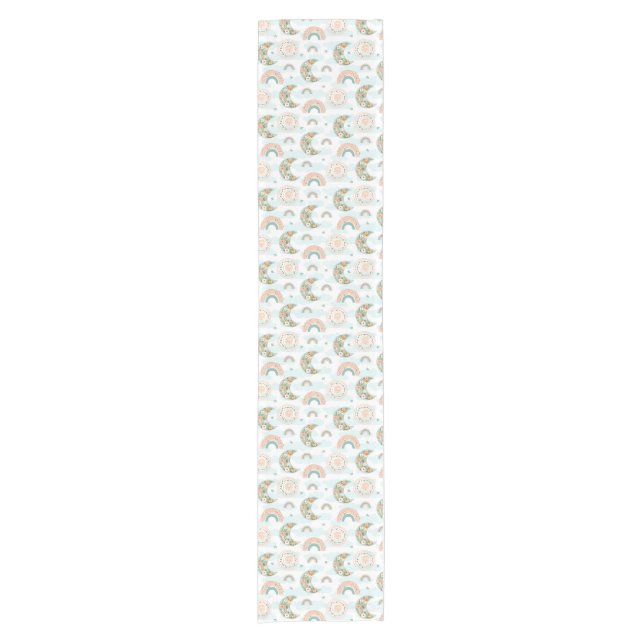 Modern Bohemian Pink Rainbow Floral Moon Sun Short Table Runner (Front)