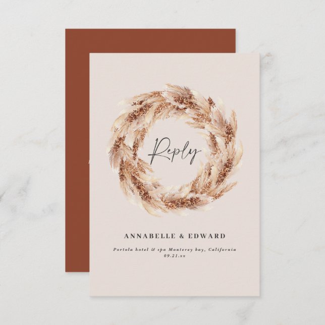 Modern bohemian rustic pampas grass wedding RSVP c (Front/Back)